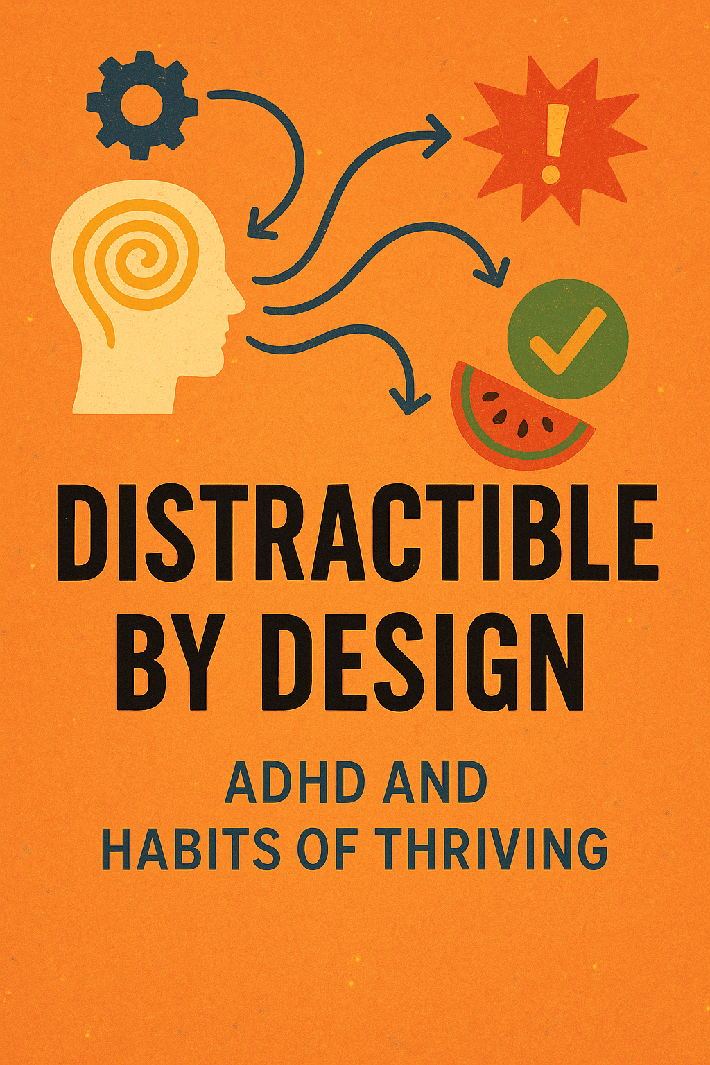Book cover of 'Distractable by Design: ADHD and Habits of Thriving' with graphics on an orange background