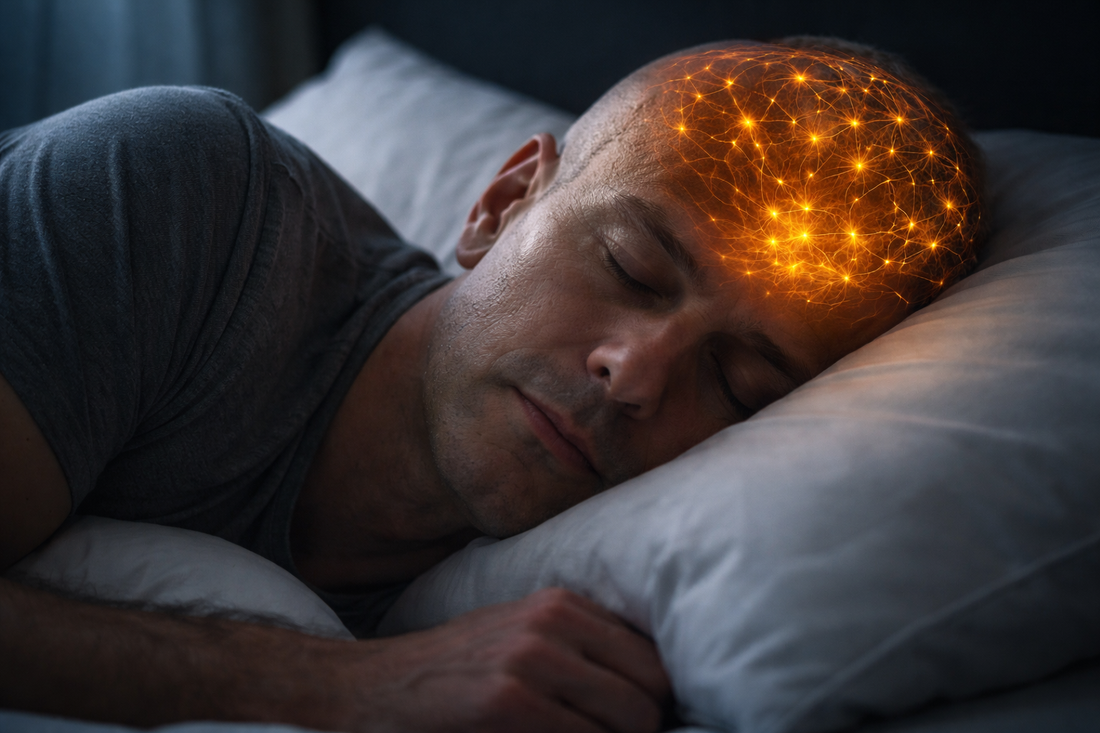 Photorealistic image of an adult sleeping peacefully, representing the relationship between ADHD, circadian rhythm disruption, and brain recovery during sleep.