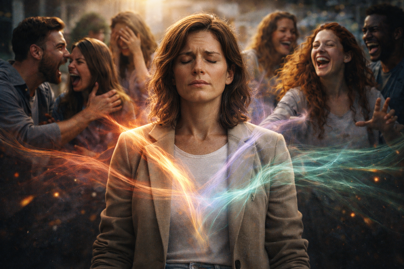 Photorealistic illustration of emotional absorption and overwhelm in adults with high emotional sensitivity.