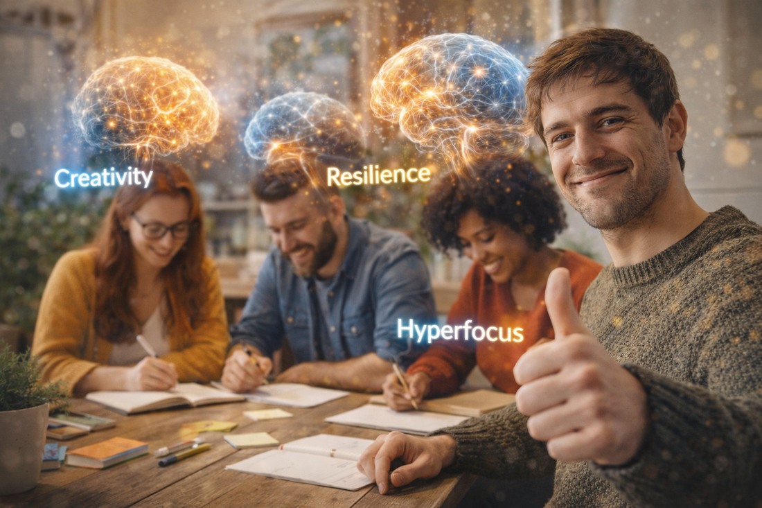 Group of adults working together with glowing brain illustrations representing ADHD strengths such as creativity, resilience, and hyperfocus in a supportive environment.