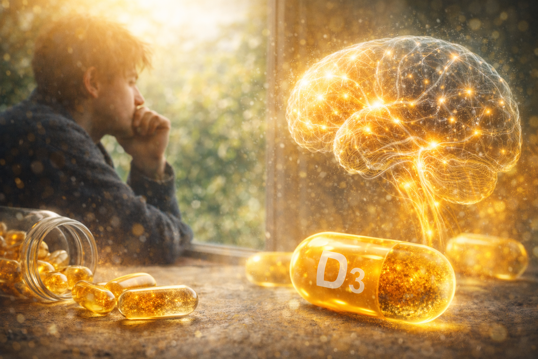 Vitamin D capsules on a table beside a glowing brain illustration, symbolizing the relationship between sunlight, vitamin D, dopamine activity, and focus in ADHD.