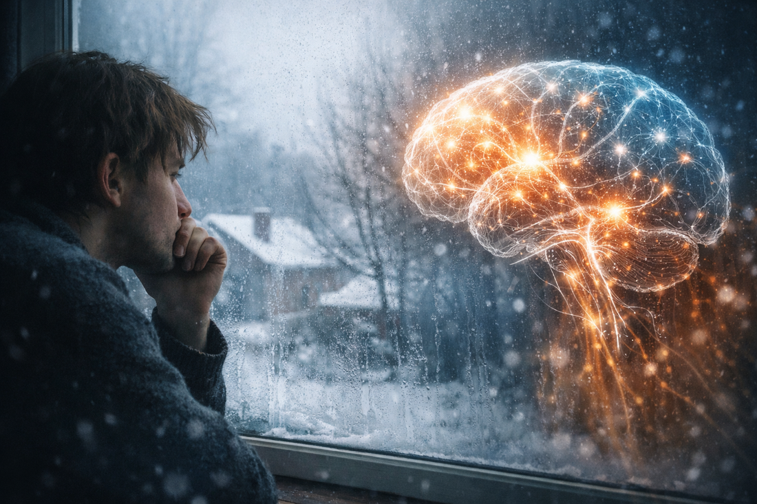 Adult with ADHD looking out a winter window while a glowing brain illustration represents reduced focus, energy, and dopamine activity during winter months.