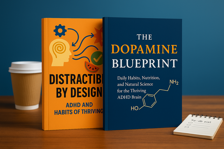 Two ADHD books on a wooden desk: Distractible By Design and The Dopamine Blueprint. Both guides focus on ADHD habits, nutrition, and thriving strategies.