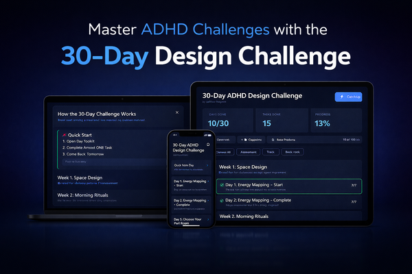 Promotional graphic for a 30-Day ADHD Design Challenge with digital devices displaying challenge details.