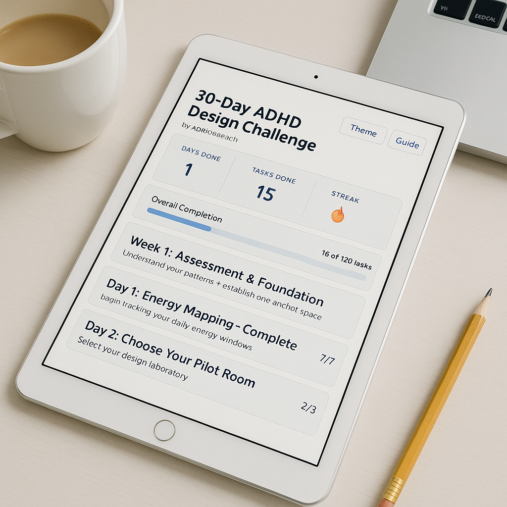 Tablet displaying a 30-Day ADHD Design Challenge on a desk with a cup of coffee and pencil.