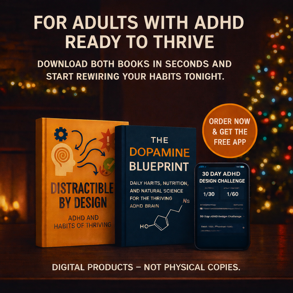 Two books and a smartphone with app interface on a wooden surface, with festive lights in the background.