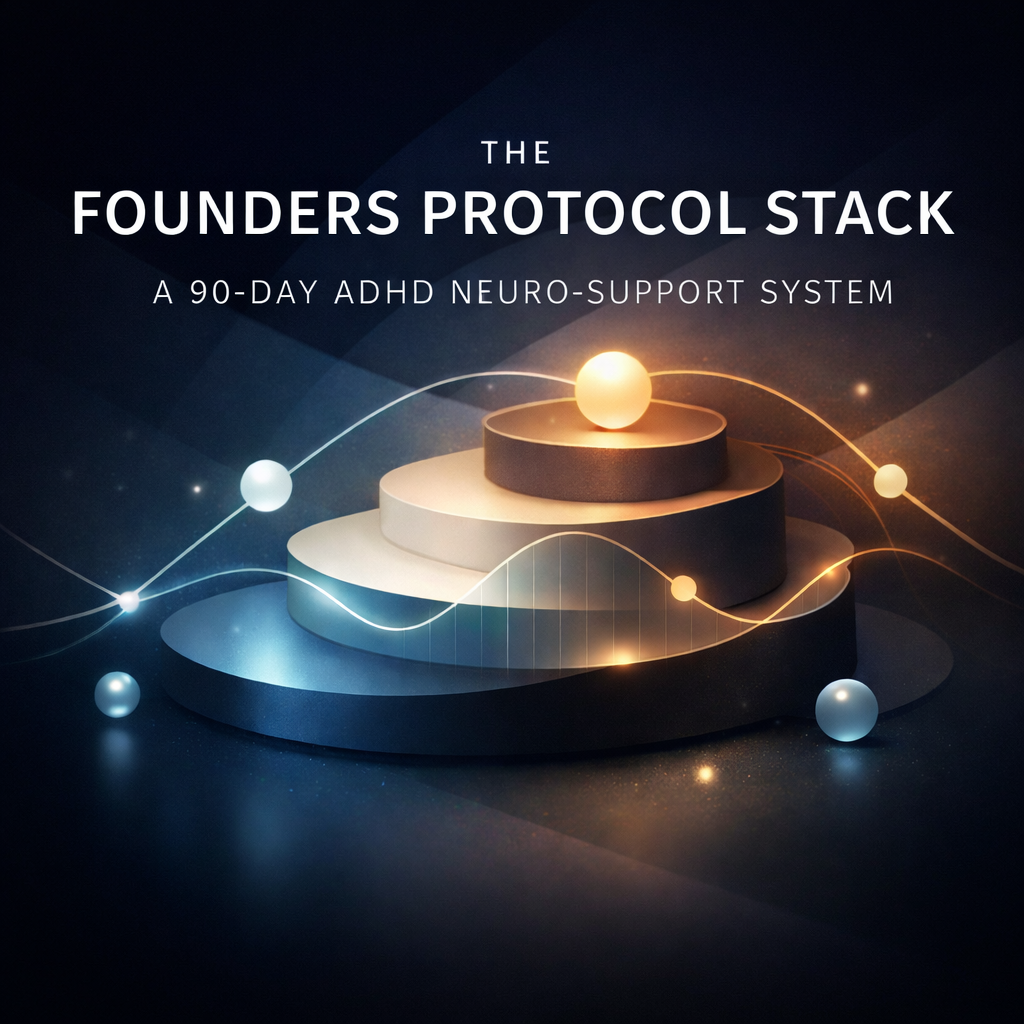 Stylized image of a protocol stack with glowing elements on a dark background, featuring text about an ADHD neuro-support system.